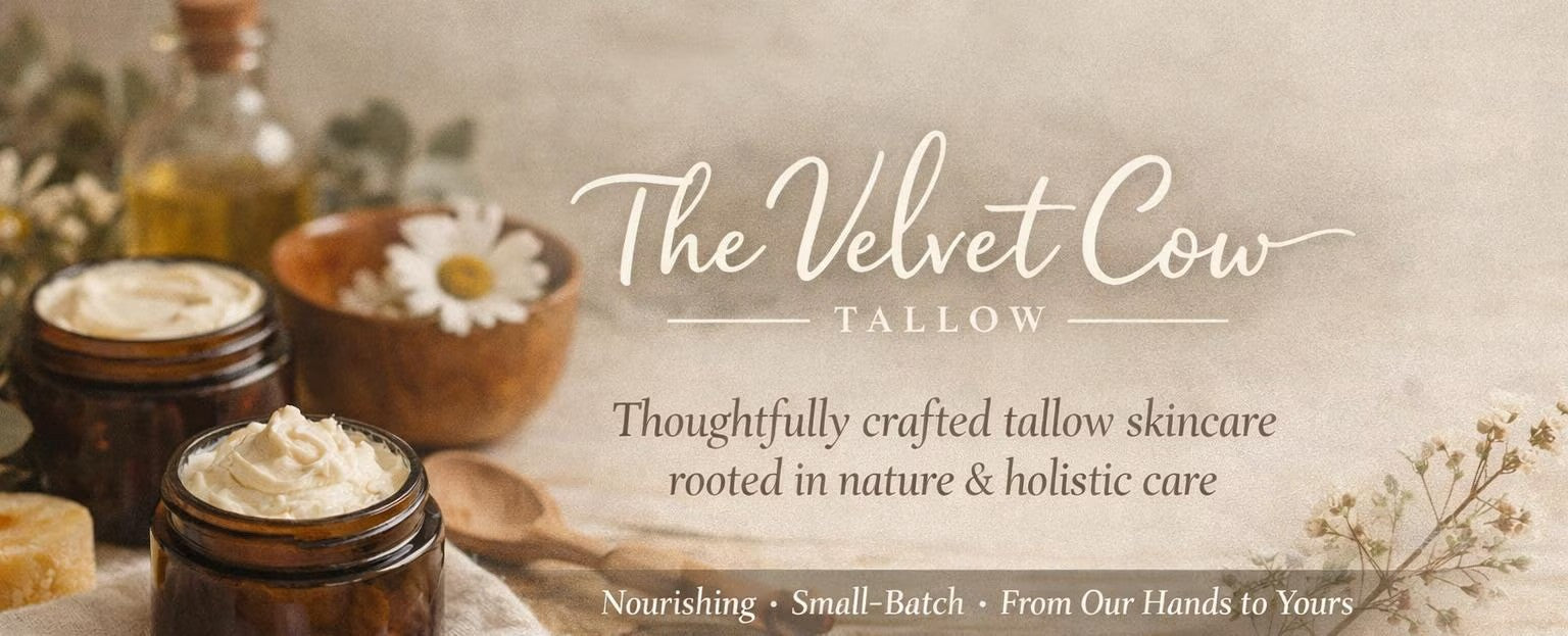 Advertisement for 'The Velvet Cow Tallow' skincare products with jars of cream and a wooden bowl on a neutral background.